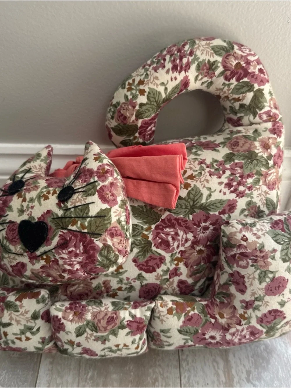 Vintage weighted plush cat shelf sitter pillow country cottage core floral